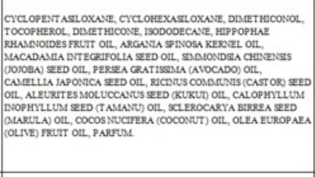 Original full ingredient label supplied with BRRS 7.8 hair oil
